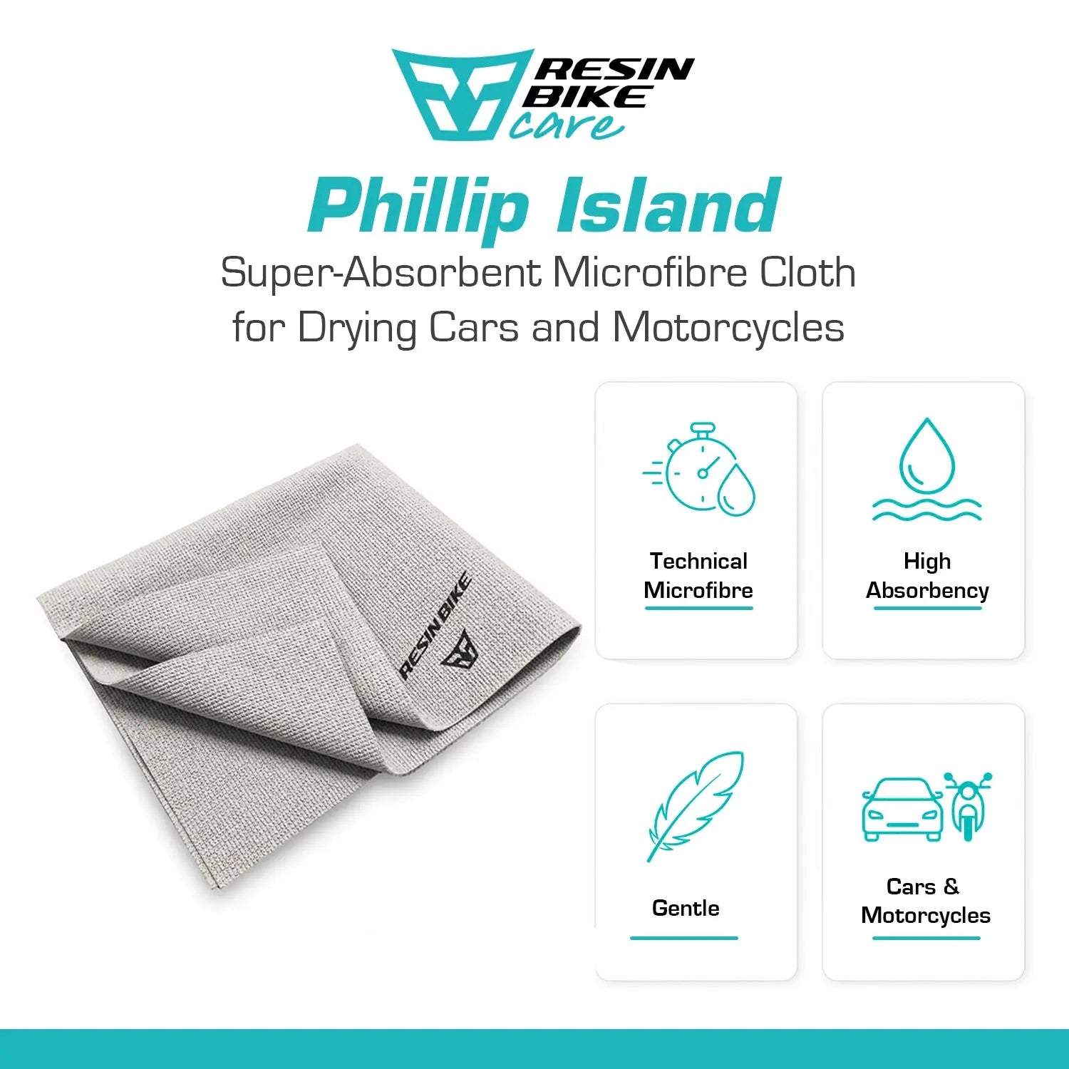 ResinBikeCare Phillip Island - Panno Microfibra Super Assorbente per Asciugatura Auto e Moto - Resin Bike Care